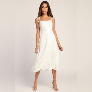 Lulus Sparkling Scene White Metallic Striped Tie-Strap Midi Dress